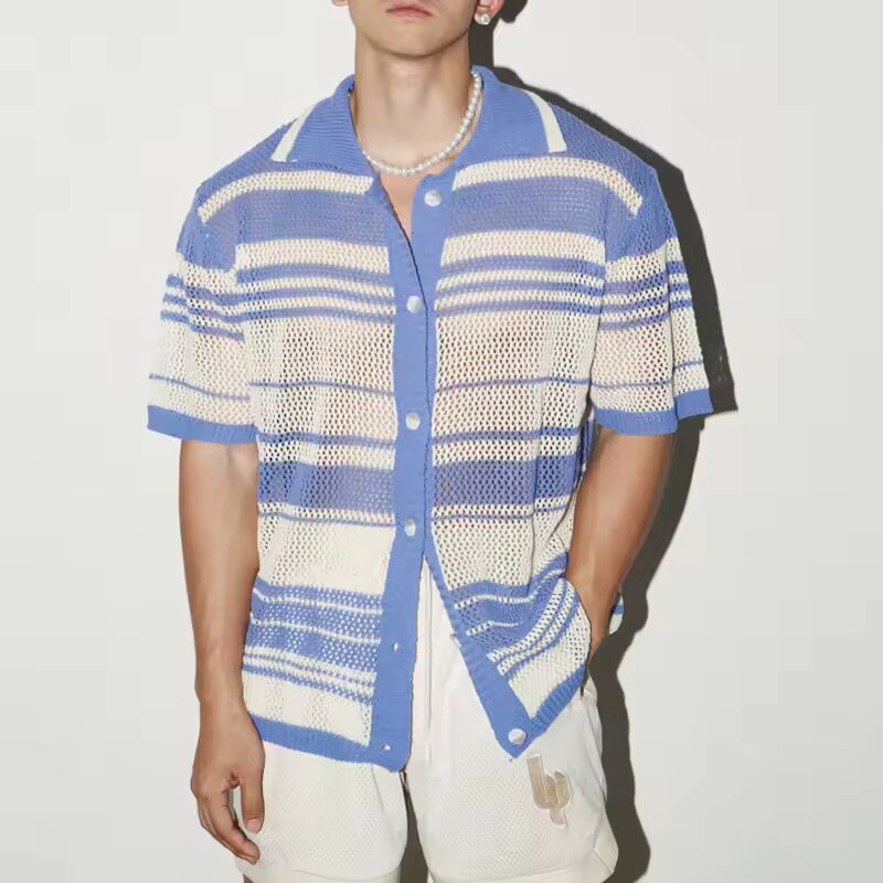 2025 Summer Casual Mens Knit Shirts Short Sleeve Buttoned Turn-down Collar Cardigan Tops Men Seaside Beach Vintage Knitted Shirt