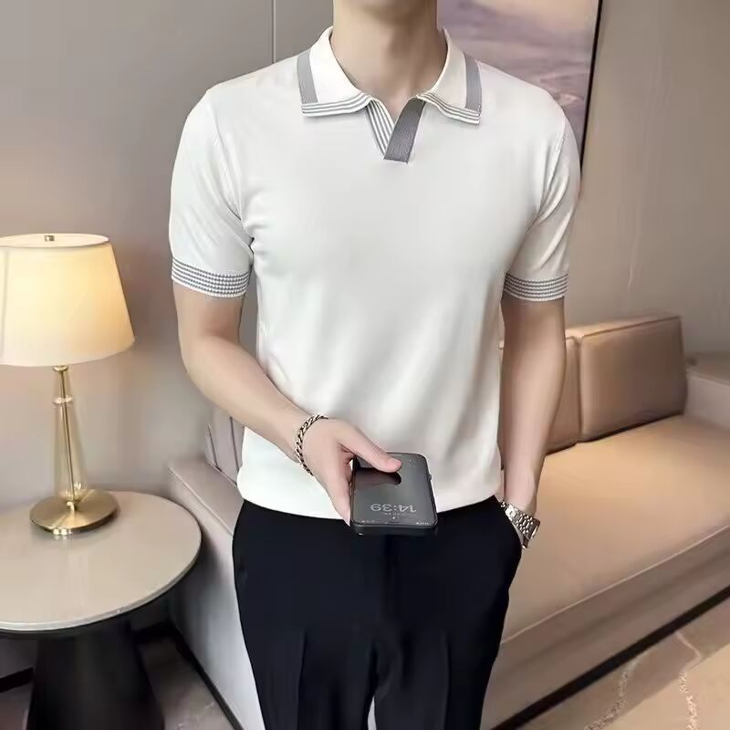 Japanese Retro Short-sleeved T-shirt Men's Polo Shirt Ice Silk Knitted Thin New Business Casual T-shirt Top