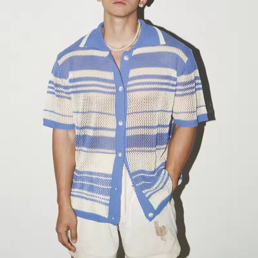 2025 Summer Casual Mens Knit Shirts Short Sleeve Buttoned Turn-down Collar Cardigan Tops Men Seaside Beach Vintage Knitted Shirt